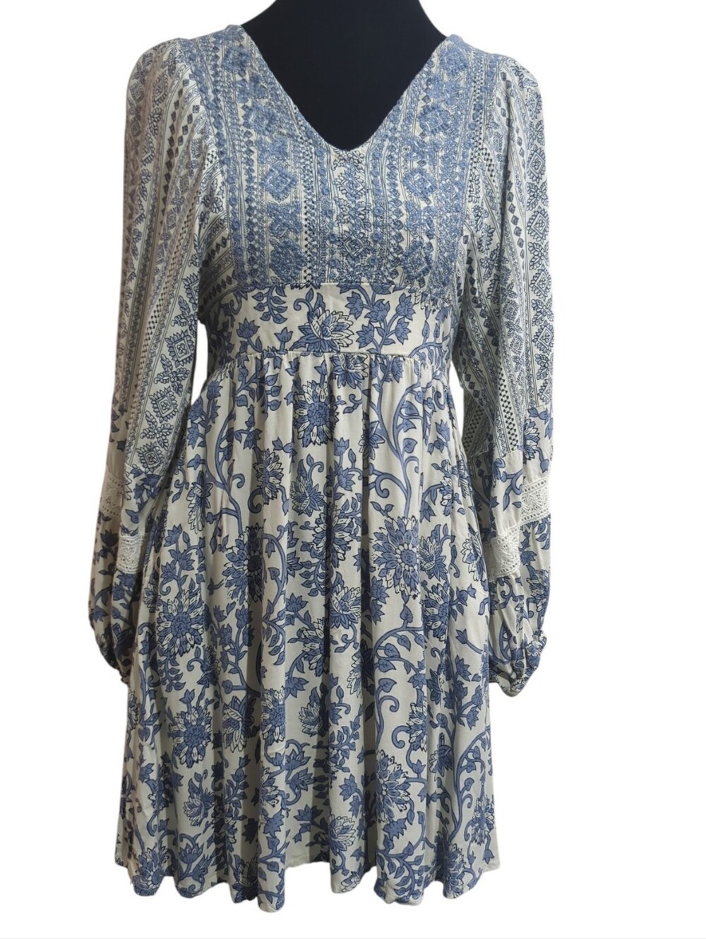 Sincerely Jules Blue Ivory Floral Boho Mini Dress Sz Small Cottagecore Peasant